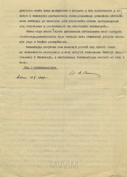 KKE 5596-4.jpg - Dok. Odwołanie mgr Wiktora Tarasiuka pełnomocnika Michała Katkowskiego do Odwoławczej Komisji Dyscyplinarnej przy Ministerstwie Poczt i Telegrafów w Warszawie, Wilno, 13 X 1939 r.